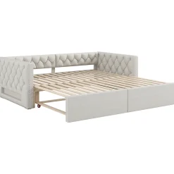 Redom Lit 90x200 cm extensible en 180x200 cm avec éclairage LED, revêtement lin beige, design contemporain