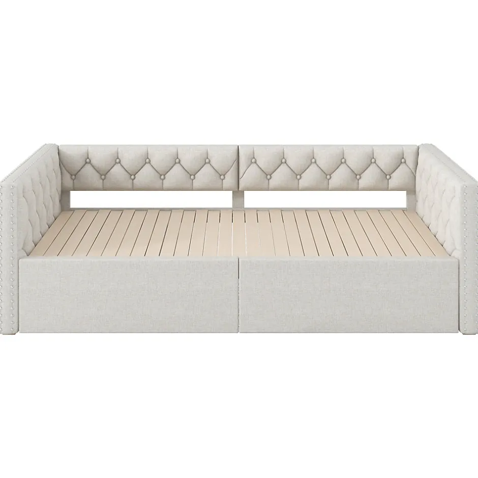 Redom Lit 90x200 cm extensible en 180x200 cm avec éclairage LED, revêtement lin beige, design contemporain