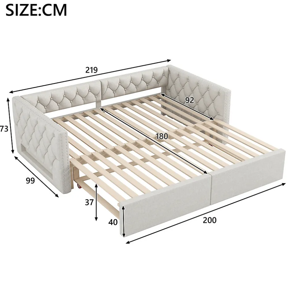 Redom Lit 90x200 cm extensible en 180x200 cm avec éclairage LED, revêtement lin beige, design contemporain