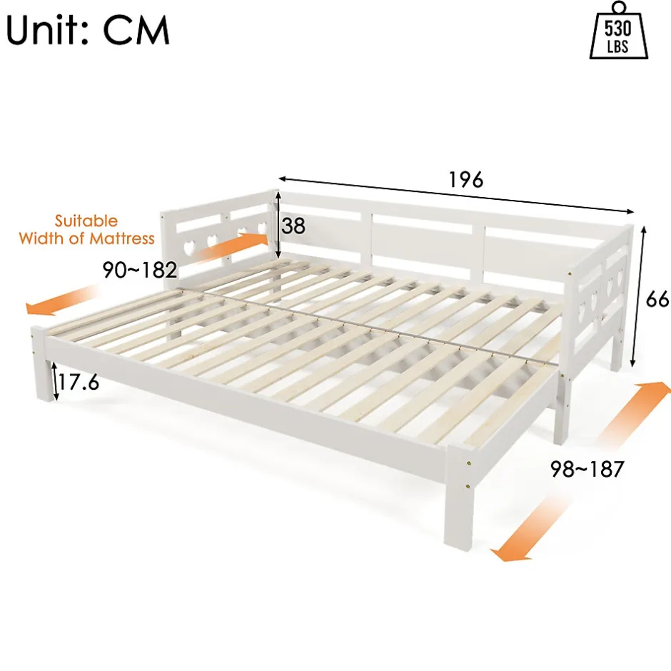 Redom Lit 90x190 cm extensible en 182x190 cm, cadre pin massif en forme de cœur, blanc élégant
