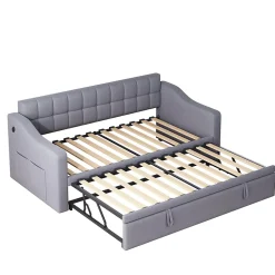 Redom Lit 90x190 cm extensible jusqu'à 180 cm, convertible en sofa en velours gris avec ports USB intégrés Outlet
