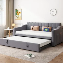 Redom Lit 90x190 cm extensible jusqu'à 180 cm, convertible en sofa en velours gris avec ports USB intégrés Outlet