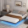 Redom Lit 160x200 cm flottant en acier noir avec éclairage LED, station USB-C et poche de rangement