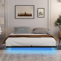 Redom Lit 160x200 cm flottant en acier noir avec éclairage LED, station USB-C et poche de rangement