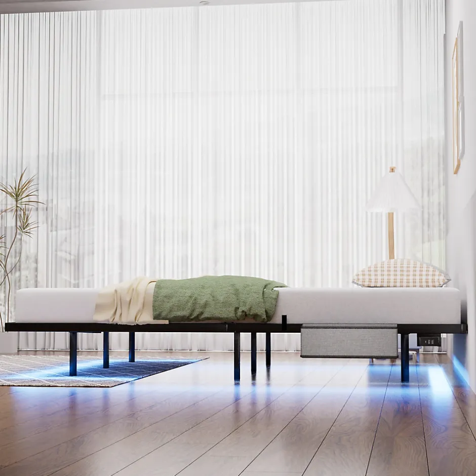 Redom Lit 160x200 cm flottant en acier noir avec éclairage LED, station USB-C et poche de rangement