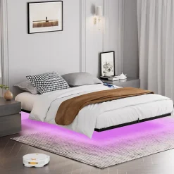 Redom Lit 160x200 cm flottant en acier noir avec éclairage LED, station USB-C et poche de rangement