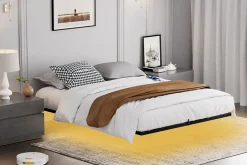 Redom Lit 160x200 cm flottant en acier noir avec éclairage LED, station USB-C et poche de rangement
