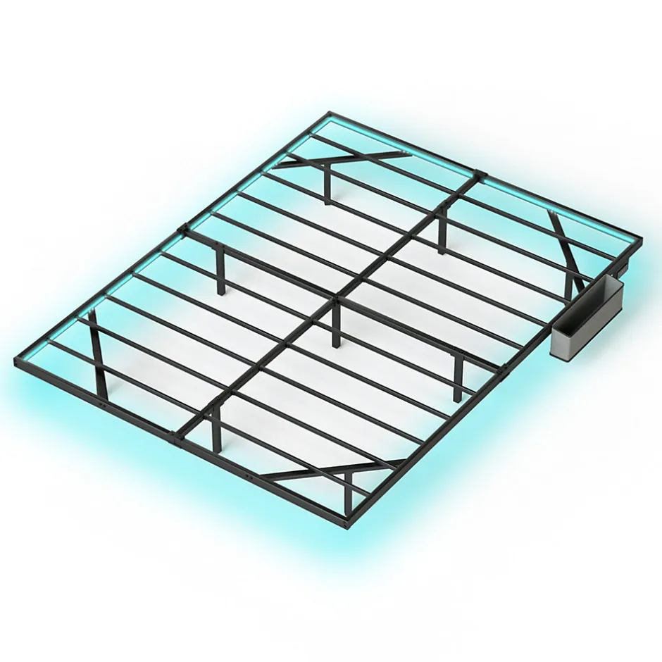 Redom Lit 160x200 cm flottant en acier noir avec éclairage LED, station USB-C et poche de rangement