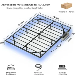 Redom Lit 160x200 cm flottant en acier noir avec éclairage LED, station USB-C et poche de rangement