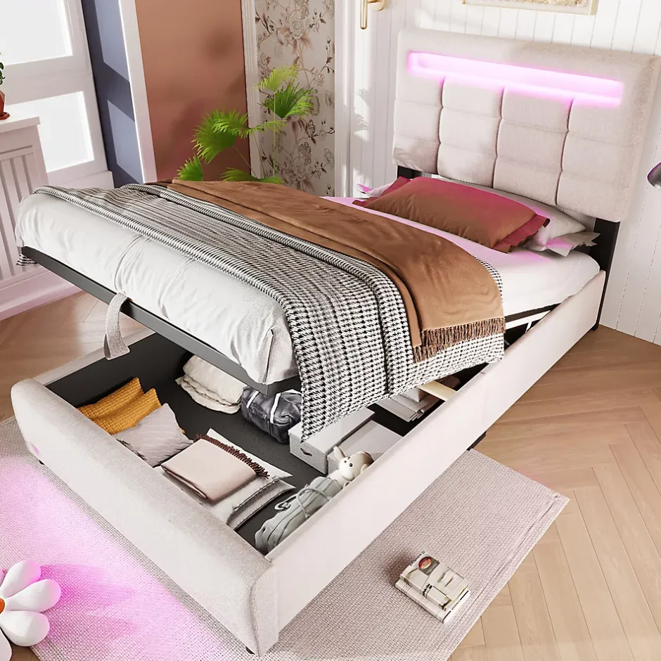 Redom Lit 90x200 cm lin beige avec rangement hydraulique et éclairage LED 16 couleurs contrôlable par application Sale