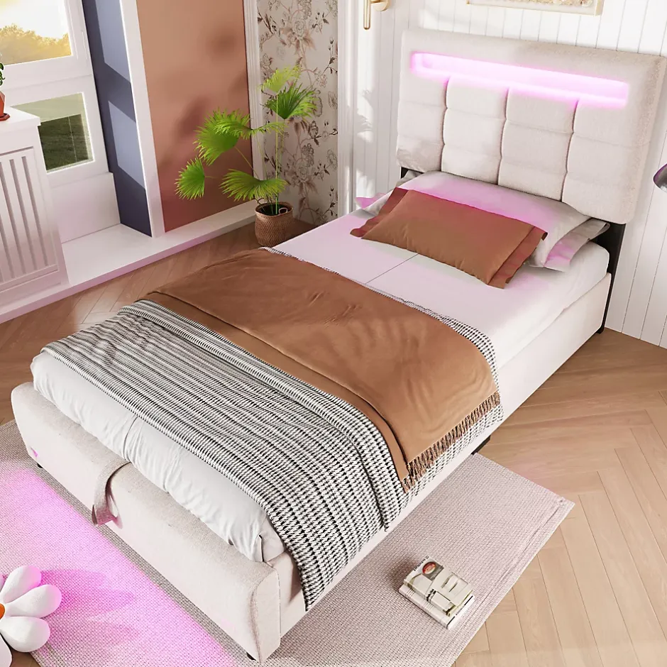 Redom Lit 90x200 cm lin beige avec rangement hydraulique et éclairage LED 16 couleurs contrôlable par application Sale