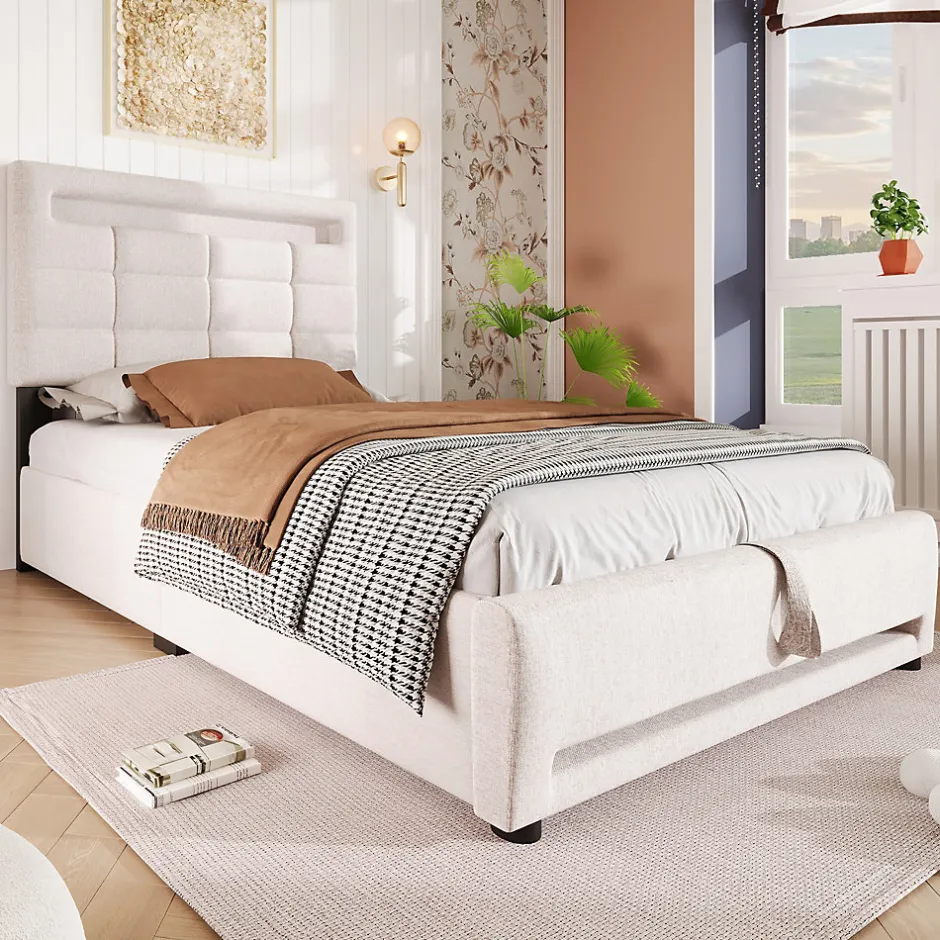 Redom Lit 90x200 cm lin beige avec rangement hydraulique et éclairage LED 16 couleurs contrôlable par application Sale
