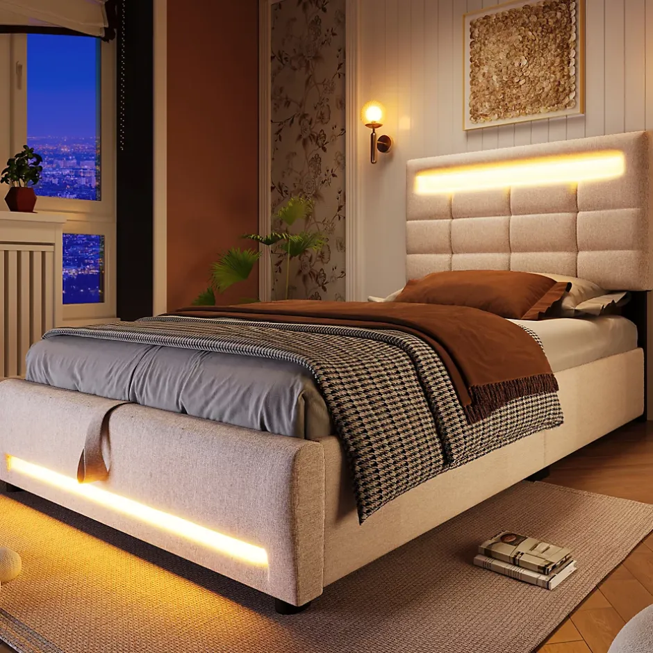 Redom Lit 90x200 cm lin beige avec rangement hydraulique et éclairage LED 16 couleurs contrôlable par application Sale