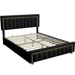 Fortuna lai Lit 160x200 cm, Lit Coffre avec Rangement, Cadre de lit avec tête de Lit, Velours, Noir
