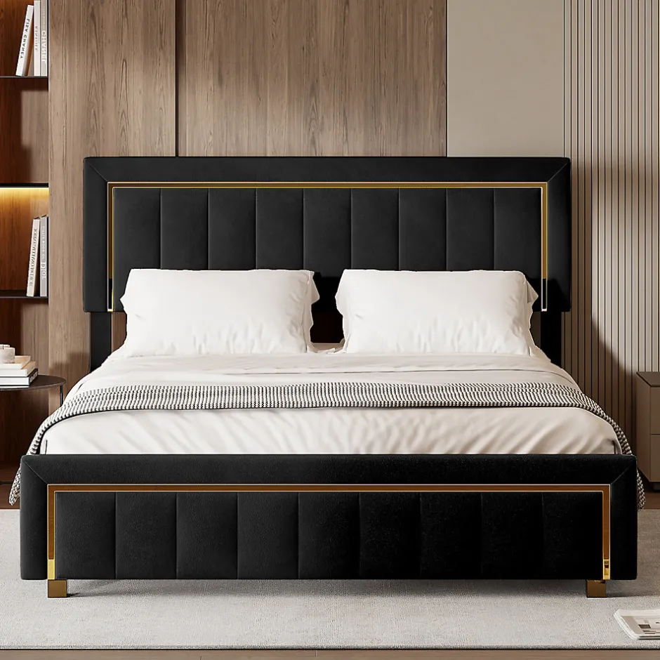Fortuna lai Lit 160x200 cm, Lit Coffre avec Rangement, Cadre de lit avec tête de Lit, Velours, Noir