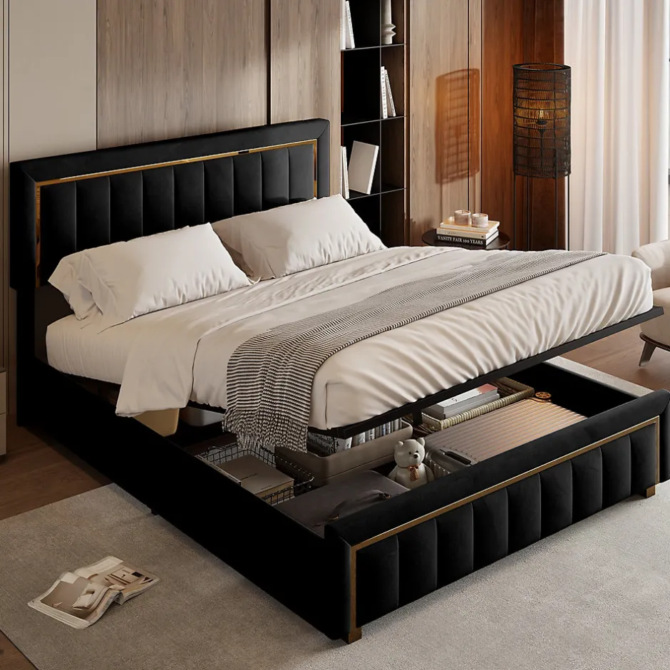 Fortuna lai Lit 160x200 cm, Lit Coffre avec Rangement, Cadre de lit avec tête de Lit, Velours, Noir