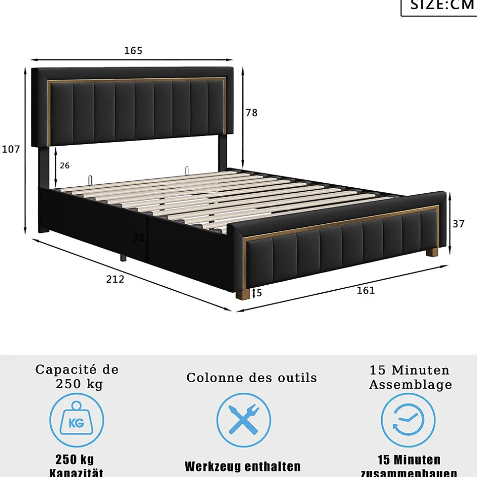 Fortuna lai Lit 160x200 cm, Lit Coffre avec Rangement, Cadre de lit avec tête de Lit, Velours, Noir