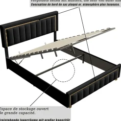 Fortuna lai Lit 160x200 cm, Lit Coffre avec Rangement, Cadre de lit avec tête de Lit, Velours, Noir