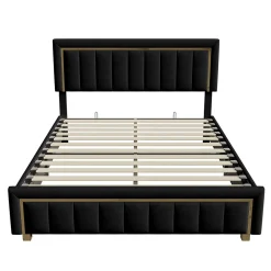 Fortuna lai Lit 160x200 cm, Lit Coffre avec Rangement, Cadre de lit avec tête de Lit, Velours, Noir