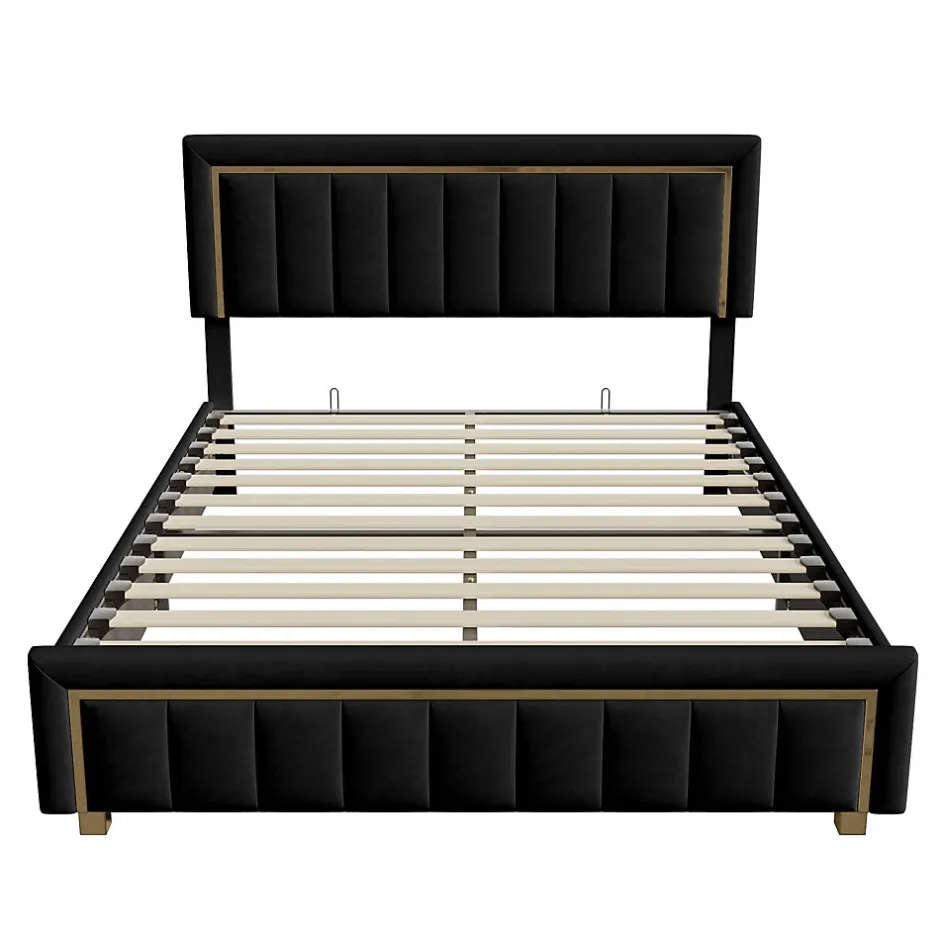 Fortuna lai Lit 160x200 cm, Lit Coffre avec Rangement, Cadre de lit avec tête de Lit, Velours, Noir