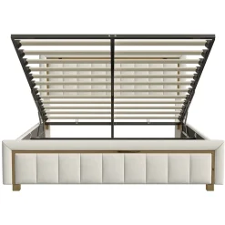 Fortuna lai Lit 160x200 cm, Lit Coffre avec Rangement, Cadre de lit avec tête de Lit, Velours, Beige New
