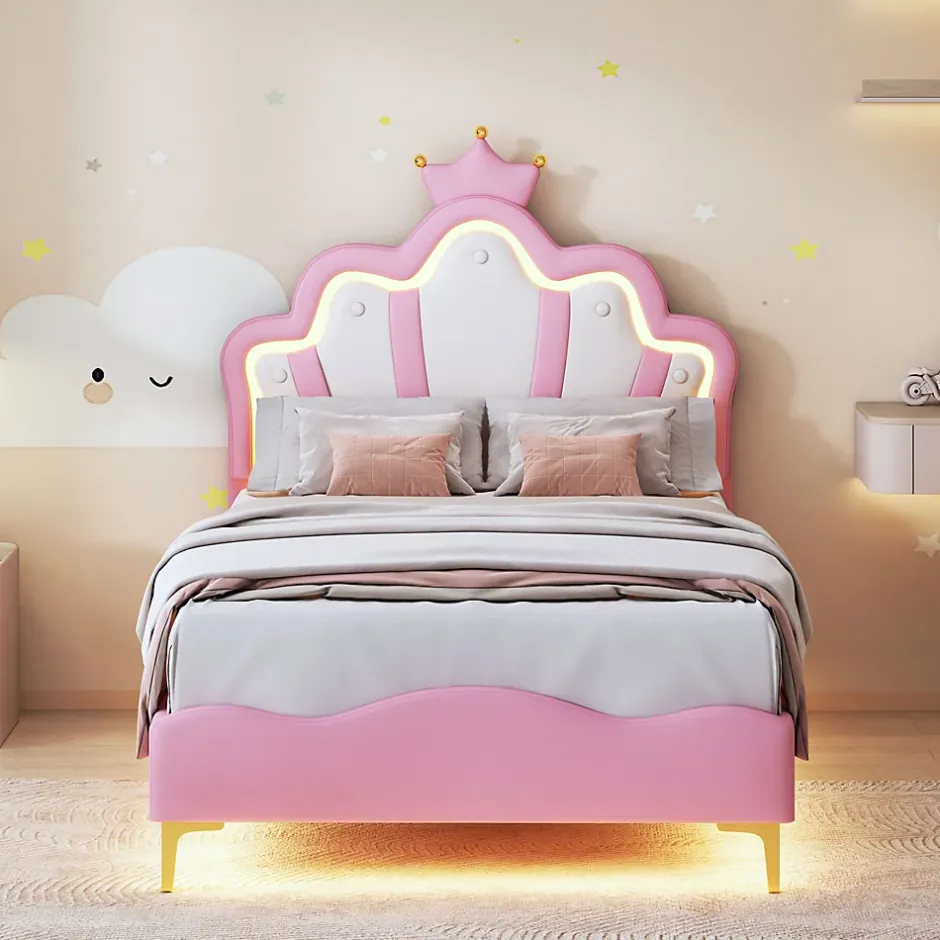 ProximaX Lit 90x200 cm, lit princess avec LED, tête de lit couronne, design moderne, rose Online