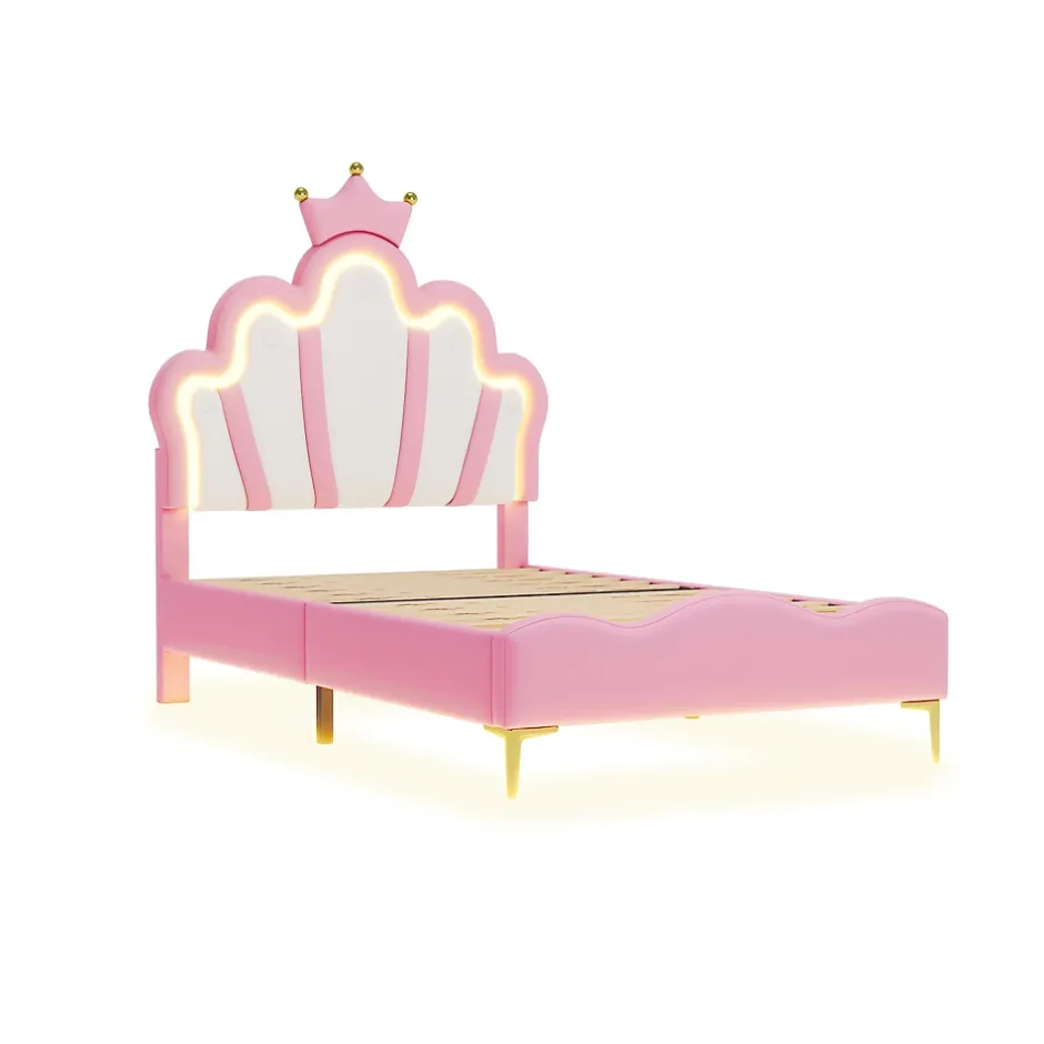 ProximaX Lit 90x200 cm, lit princess avec LED, tête de lit couronne, design moderne, rose Online