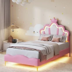 ProximaX Lit 90x200 cm, lit princess avec LED, tête de lit couronne, design moderne, rose Online