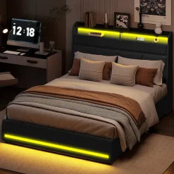 Generique Lit 140x200 cm, Lit rembourré avec lumières LED, Lit à Fonction hydraulique lit d'appoint, pour Adultes, PU, Noir