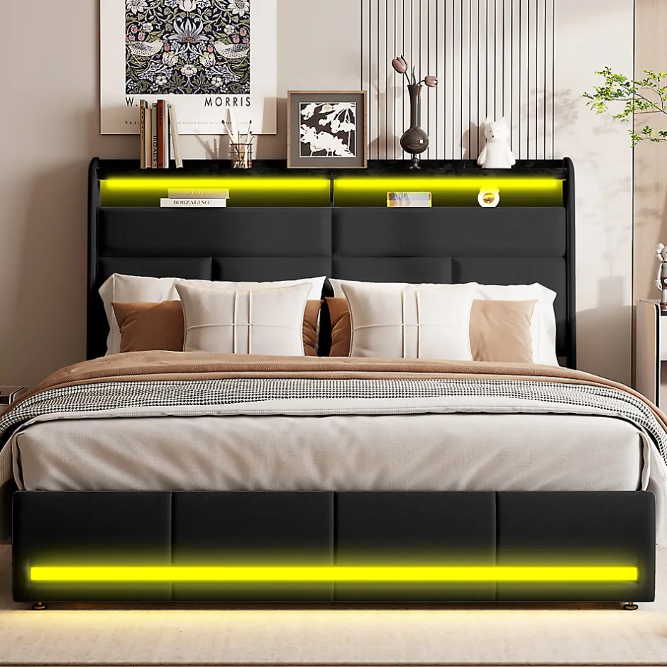 Generique Lit 140x200 cm, Lit rembourré avec lumières LED, Lit à Fonction hydraulique lit d'appoint, pour Adultes, PU, Noir