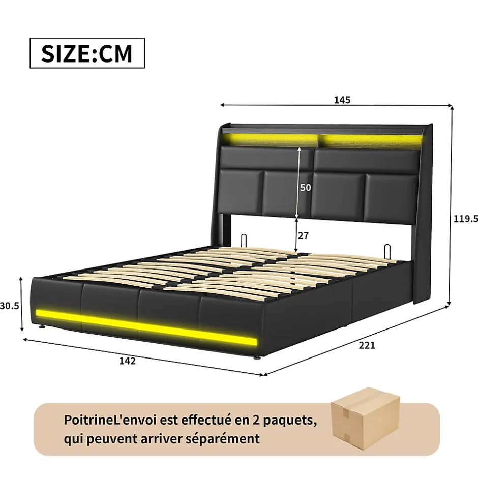 Generique Lit 140x200 cm, Lit rembourré avec lumières LED, Lit à Fonction hydraulique lit d'appoint, pour Adultes, PU, Noir