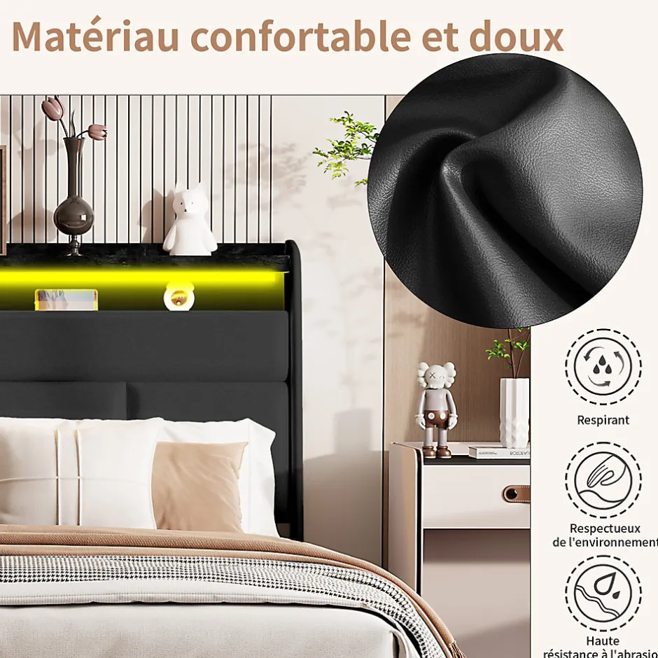 Generique Lit 140x200 cm, Lit rembourré avec lumières LED, Lit à Fonction hydraulique lit d'appoint, pour Adultes, PU, Noir