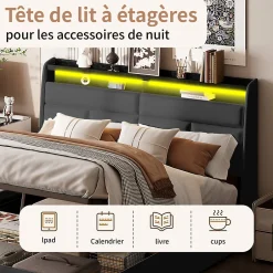 Generique Lit 140x200 cm, Lit rembourré avec lumières LED, Lit à Fonction hydraulique lit d'appoint, pour Adultes, PU, Noir