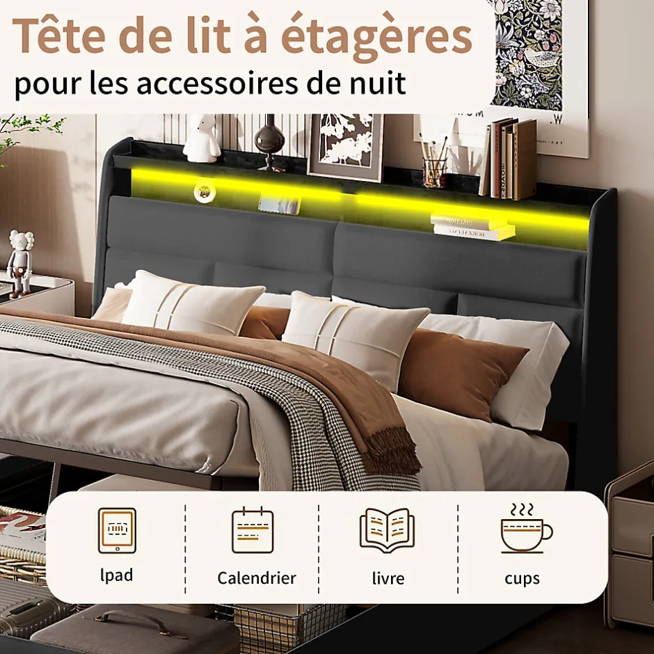 Generique Lit 140x200 cm, Lit rembourré avec lumières LED, Lit à Fonction hydraulique lit d'appoint, pour Adultes, PU, Noir