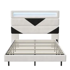Simple Life Lit 160x200 cm, MDF, avec USB et éclairage LED, Cadre de lit, lit flottant avec Tête de lit triangle, - Blanc