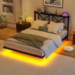 Redom Lit 120x200 cm métal noir avec effet flottant et bande LED intégrée, design contemporain et lignes épurées