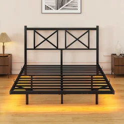 Redom Lit 120x200 cm métal noir avec effet flottant et bande LED intégrée, design contemporain et lignes épurées