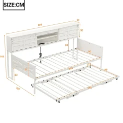 Redom Lit 90x200 cm multifonctionnel blanc avec rangements intégrés, prises électriques et cadre métal élégant