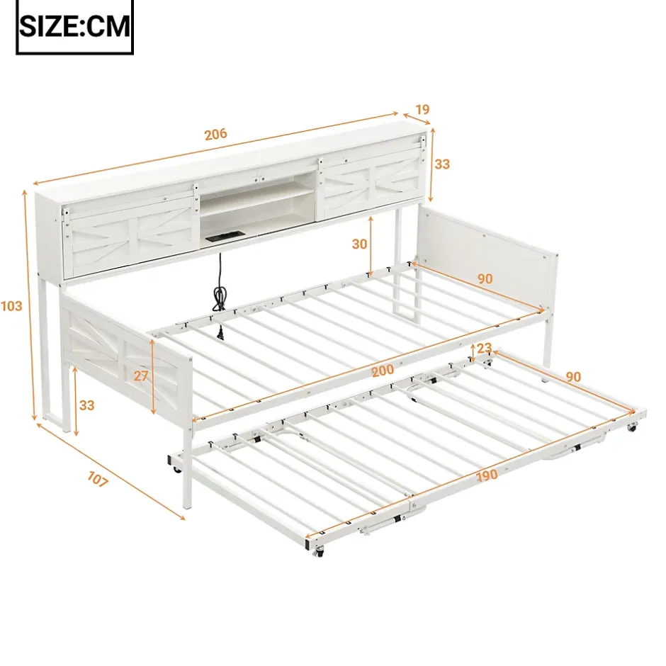 Redom Lit 90x200 cm multifonctionnel blanc avec rangements intégrés, prises électriques et cadre métal élégant