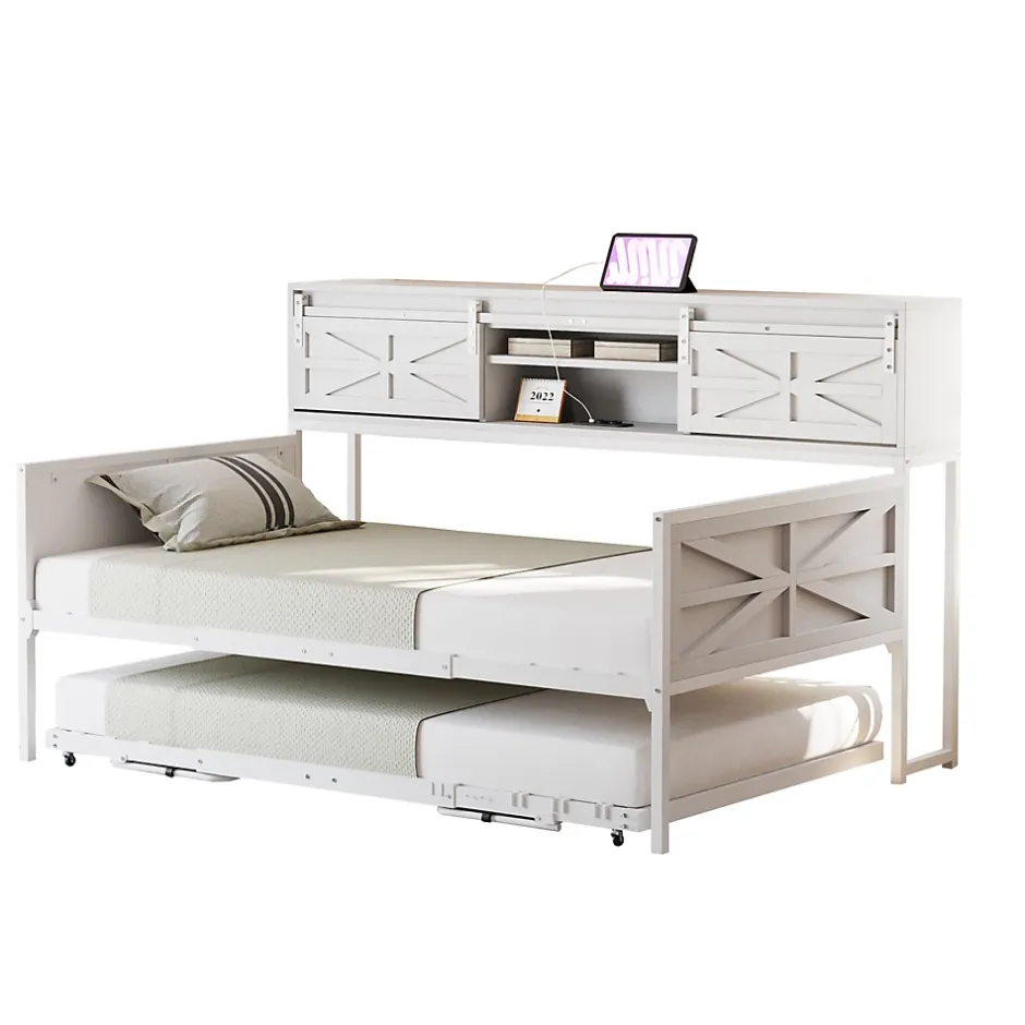 Redom Lit 90x200 cm multifonctionnel blanc avec rangements intégrés, prises électriques et cadre métal élégant