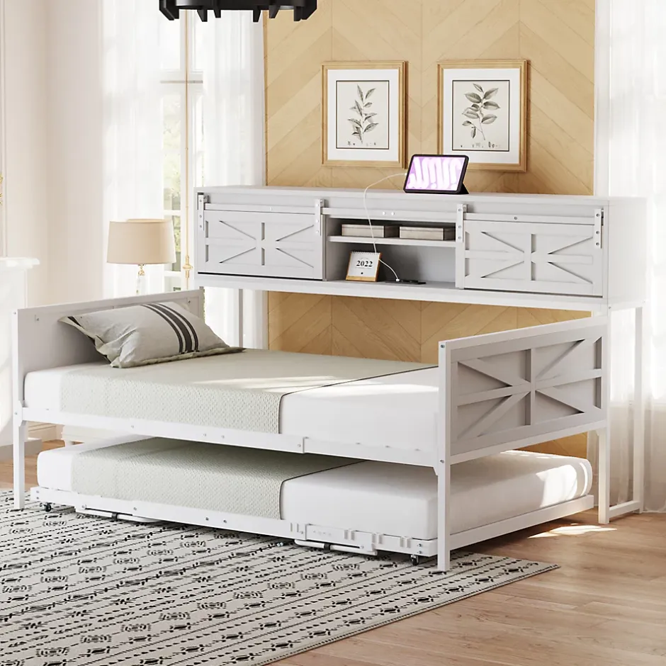 Redom Lit 90x200 cm multifonctionnel blanc avec rangements intégrés, prises électriques et cadre métal élégant