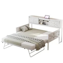 Redom Lit 90x200 cm multifonctionnel blanc avec rangements intégrés, prises électriques et cadre métal élégant