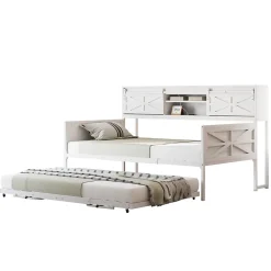 Redom Lit 90x200 cm multifonctionnel blanc avec rangements intégrés, prises électriques et cadre métal élégant