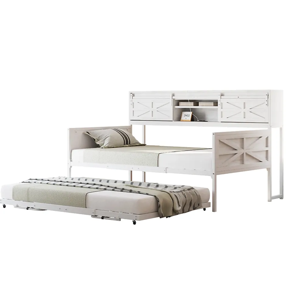 Redom Lit 90x200 cm multifonctionnel blanc avec rangements intégrés, prises électriques et cadre métal élégant