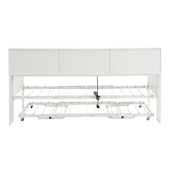 Redom Lit 90x200 cm multifonctionnel blanc avec rangements intégrés, prises électriques et cadre métal élégant