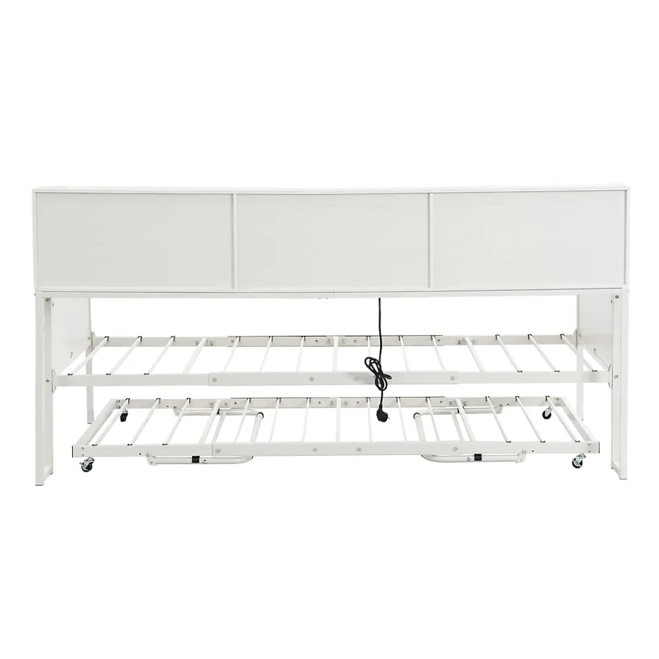 Redom Lit 90x200 cm multifonctionnel blanc avec rangements intégrés, prises électriques et cadre métal élégant