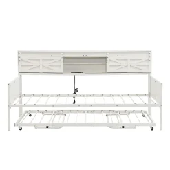 Redom Lit 90x200 cm multifonctionnel blanc avec rangements intégrés, prises électriques et cadre métal élégant