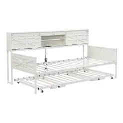 Redom Lit 90x200 cm multifonctionnel blanc avec rangements intégrés, prises électriques et cadre métal élégant