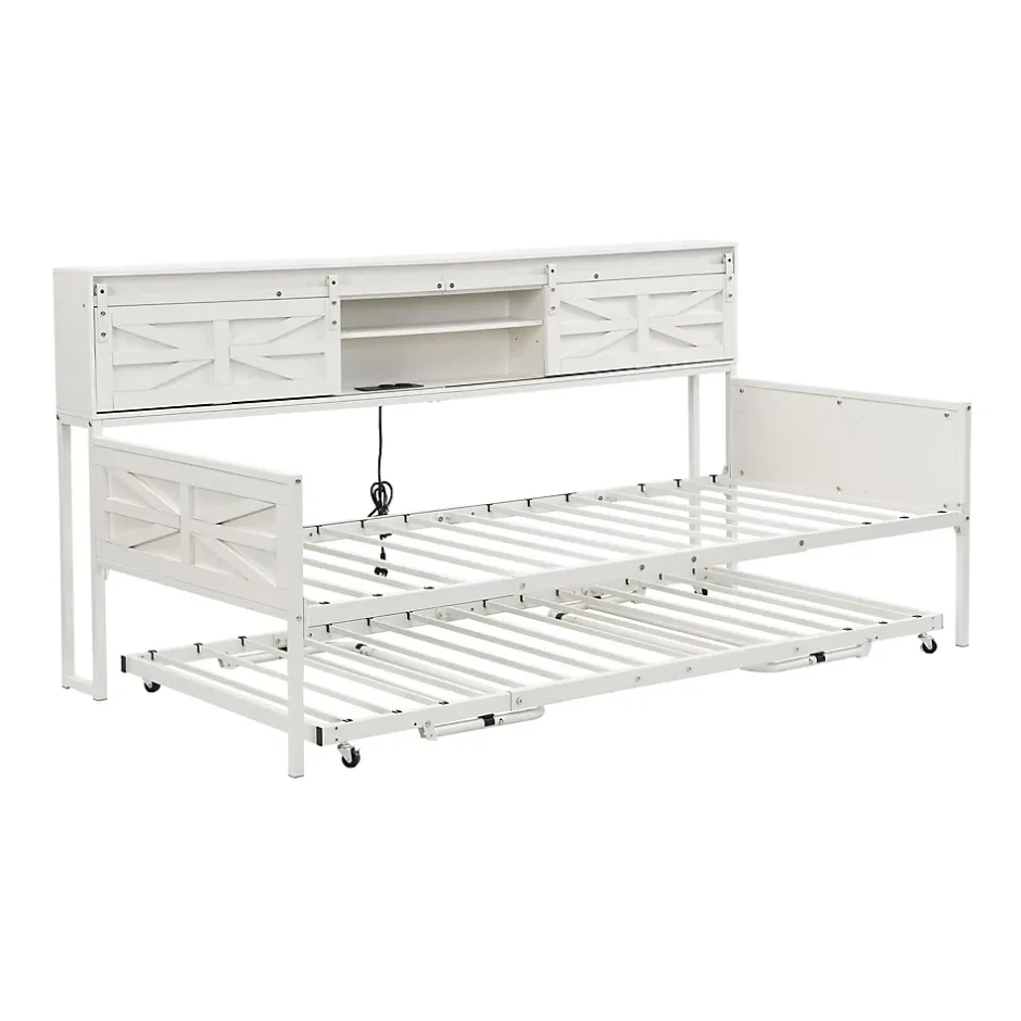 Redom Lit 90x200 cm multifonctionnel blanc avec rangements intégrés, prises électriques et cadre métal élégant