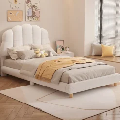 Redom Lit 90x200 cm pour enfant avec tête de lit rembourrée en plush blanc, cadre MDF, design floral et moderne Clearance